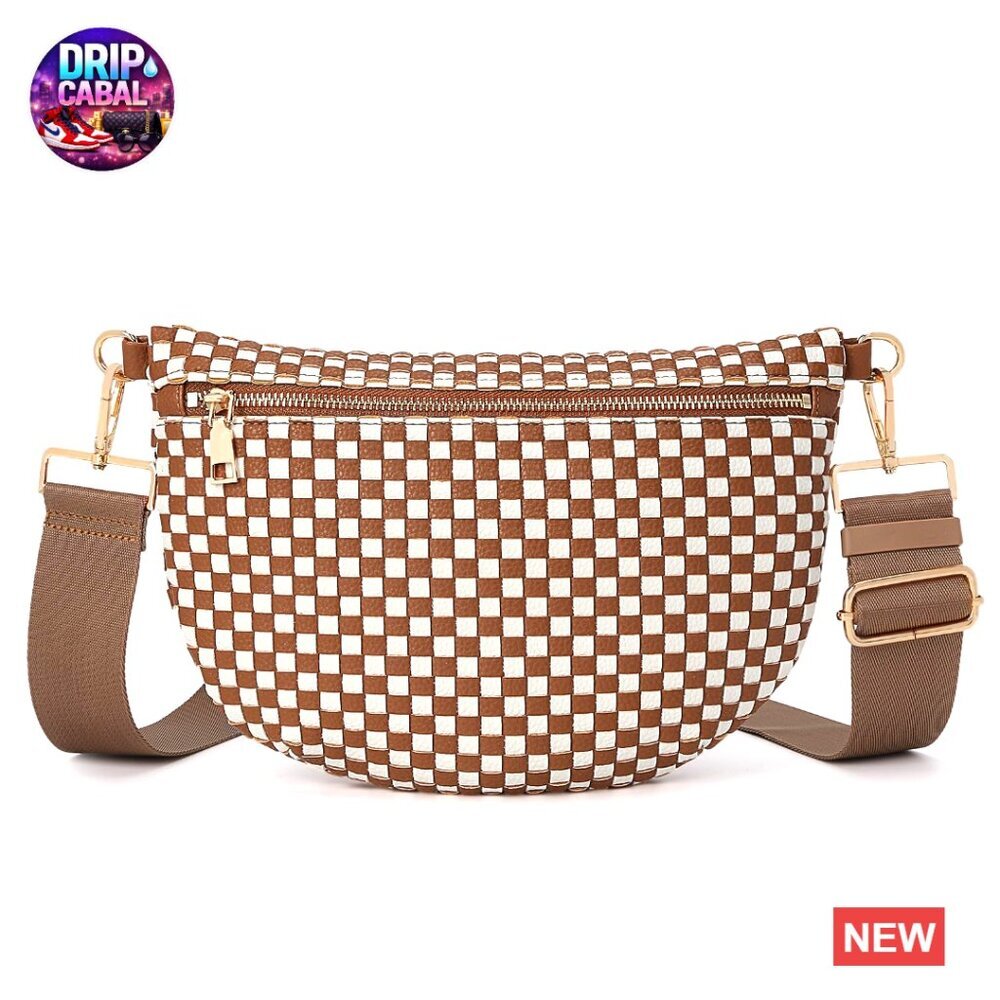 Faux Leather Woven Crossbody Bag Checkered Sling Purse